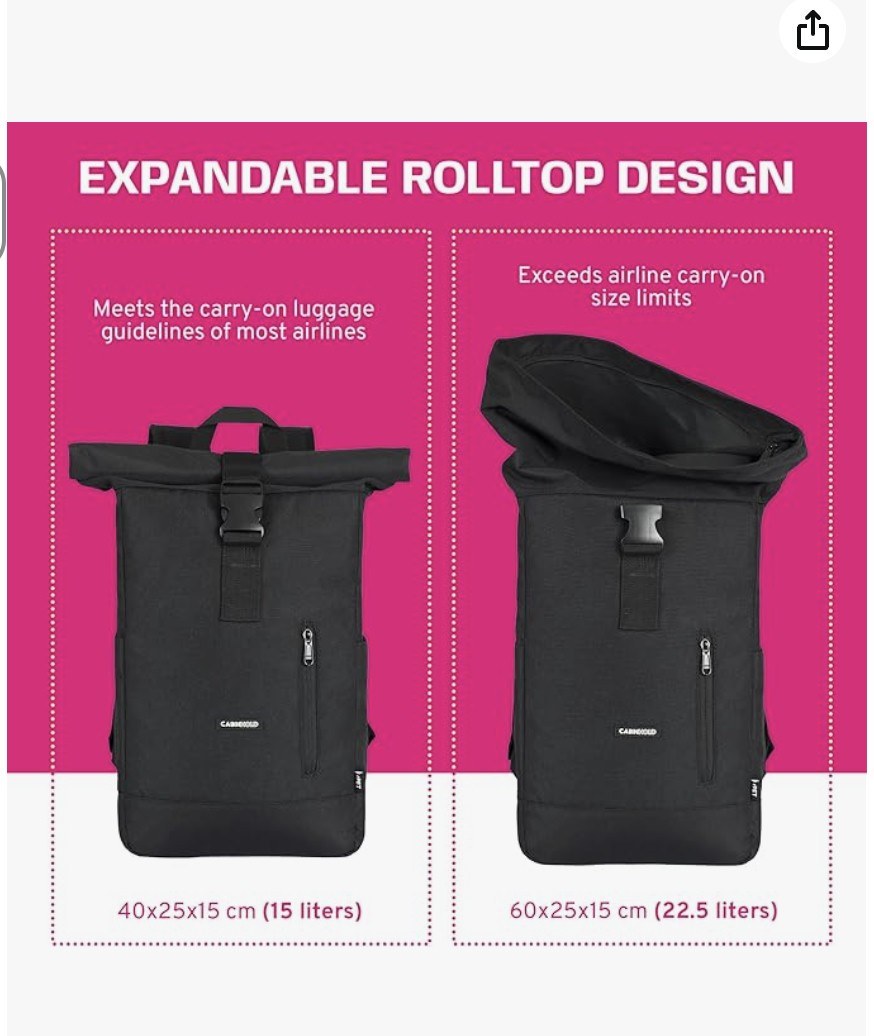 Expandable rolltop design, 15L to 22.5L